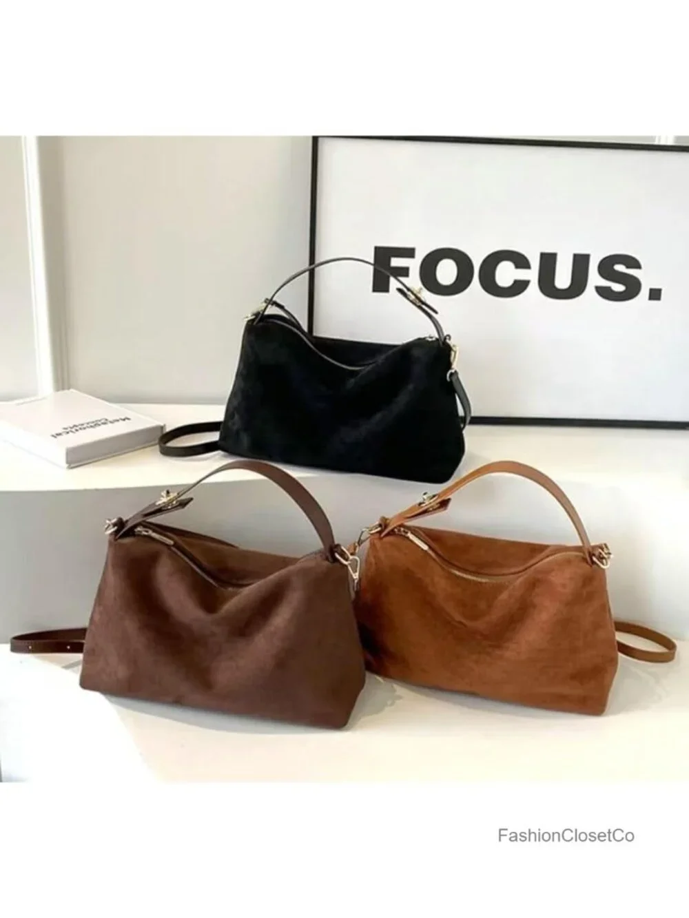Faux Suede Slouchy Hobo Bag Crossbody Shoulder Tote Purse